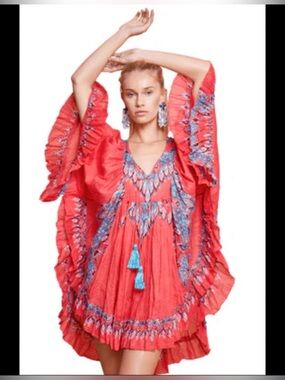 Guadalupe hippie Red Patterned Boho Sundress with Blue Accents